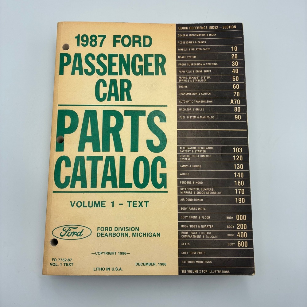 1987 Ford Passenger Car Parts Catalog Vol 1 Text Mustang Taurus Escort FD 7752